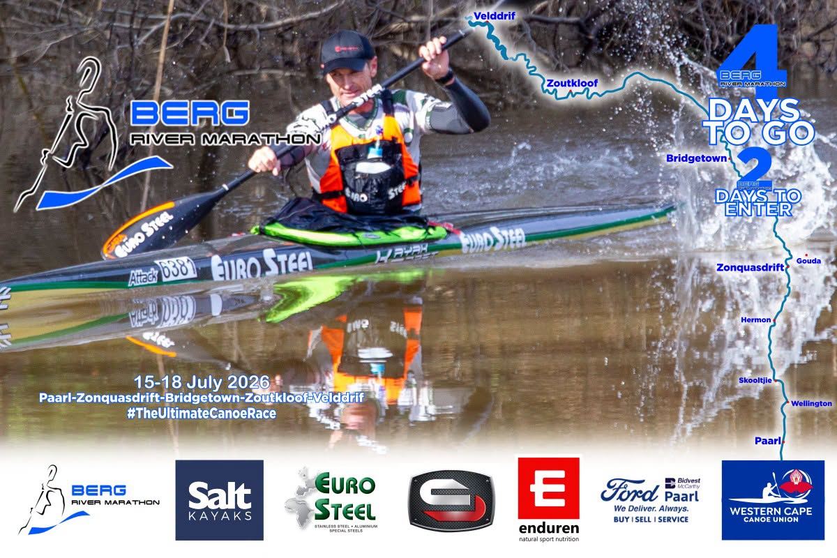 Berg River Canoe Marathon 2026 poster — 15 to 18 July, Paarl to Velddrif