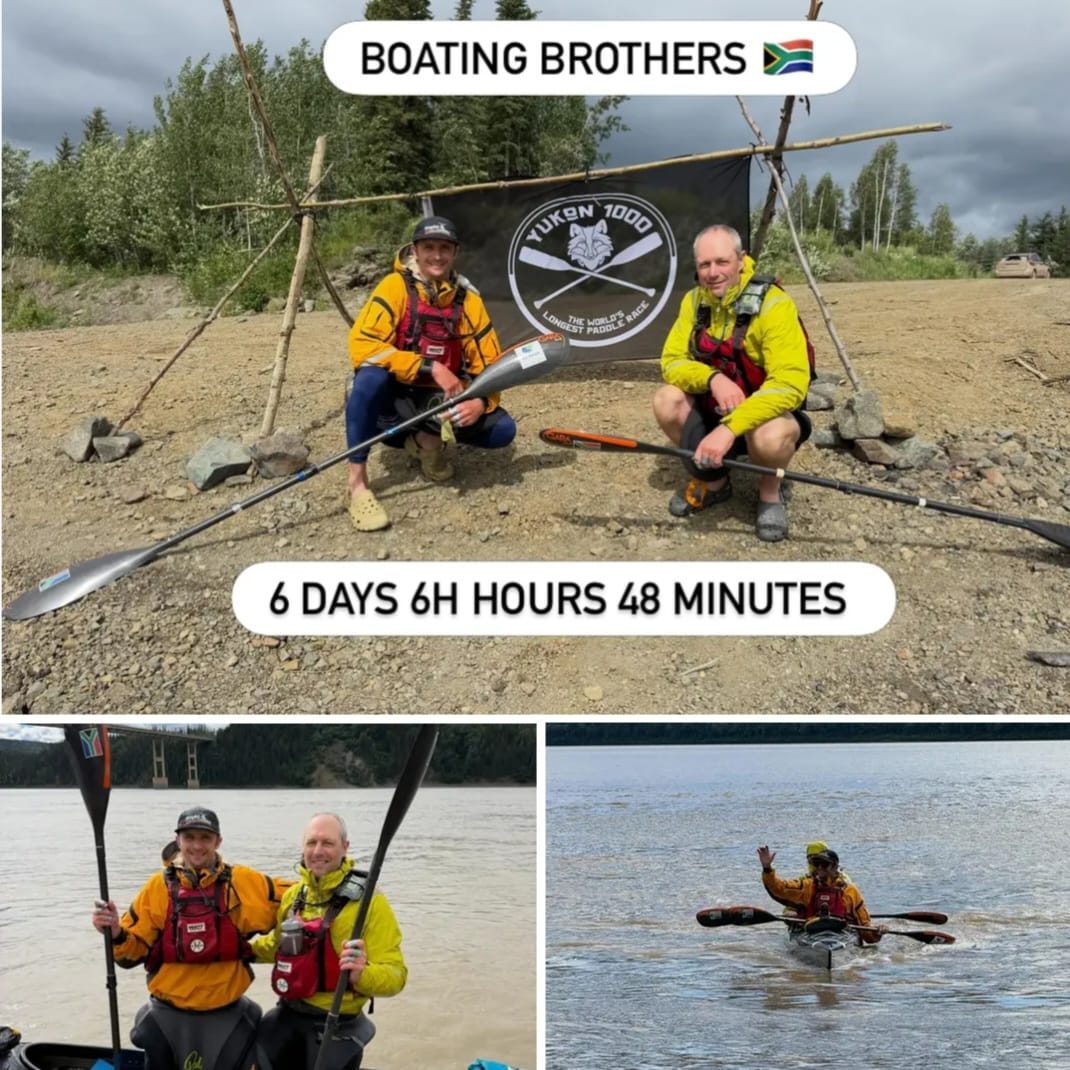 Mark and Craig Willment (Canyon Canoe Club, KZN) at the Yukon 1000 finish.