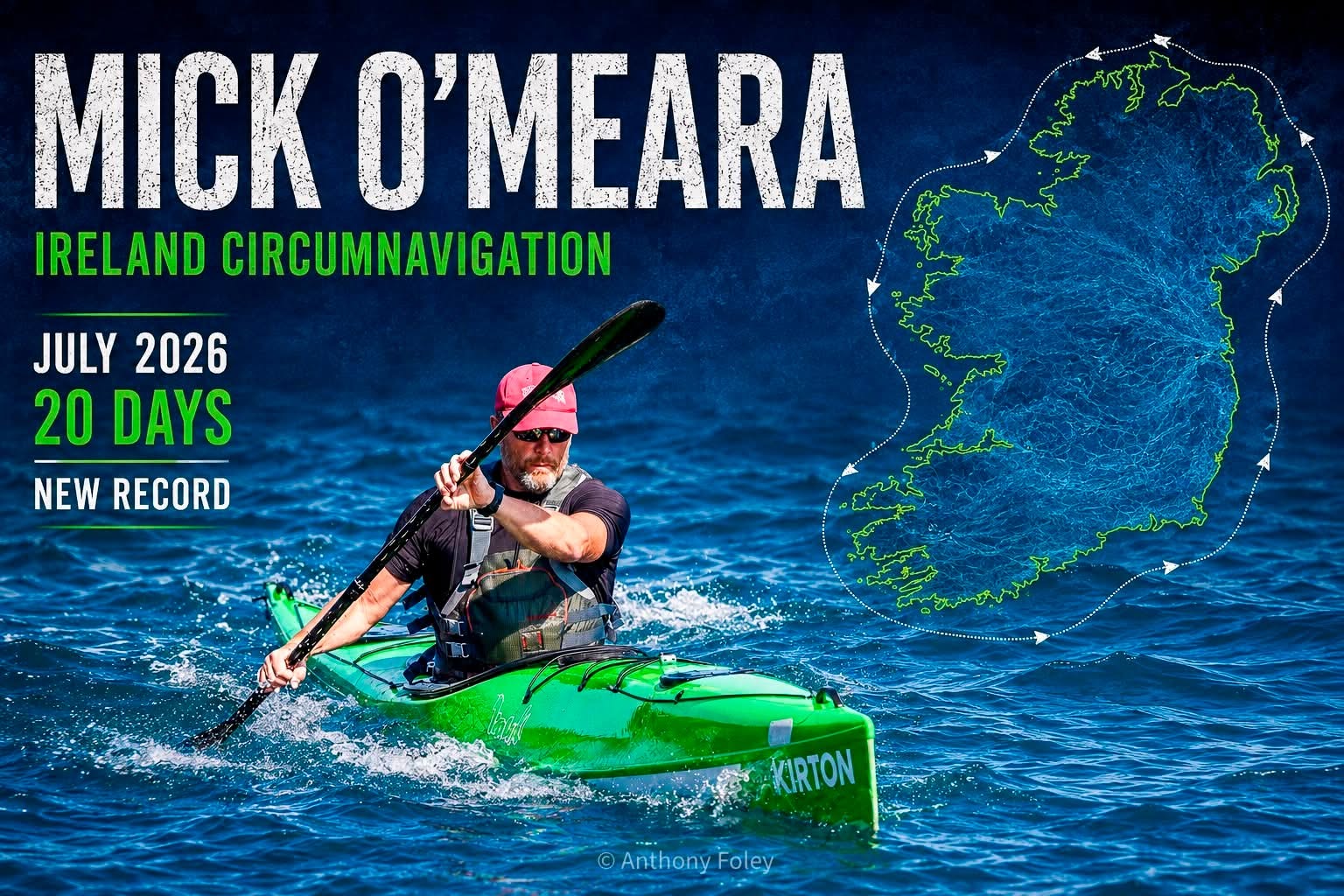 Mick O'Meara Ireland circumnavigation poster, July 2026, 20 days, new record