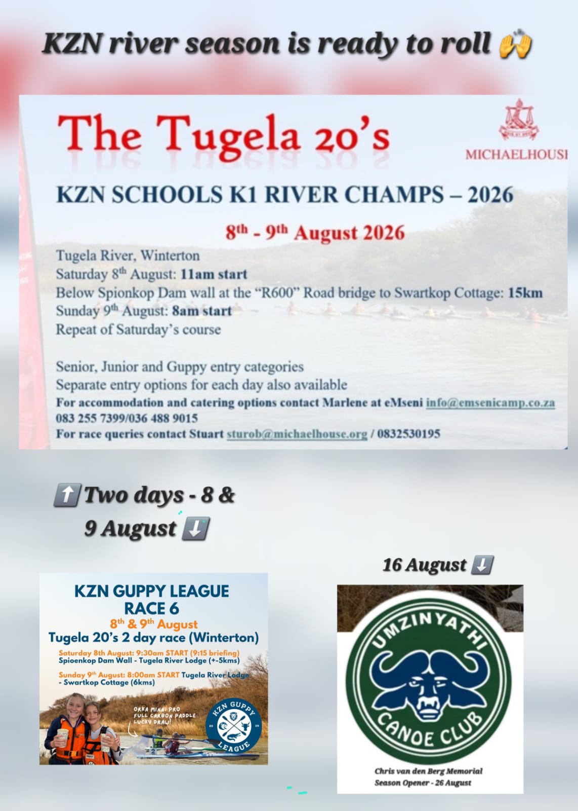 KZN river season poster: Tugela 20's, KZN Guppy League Race 6, Umzinyathi Canoe Club