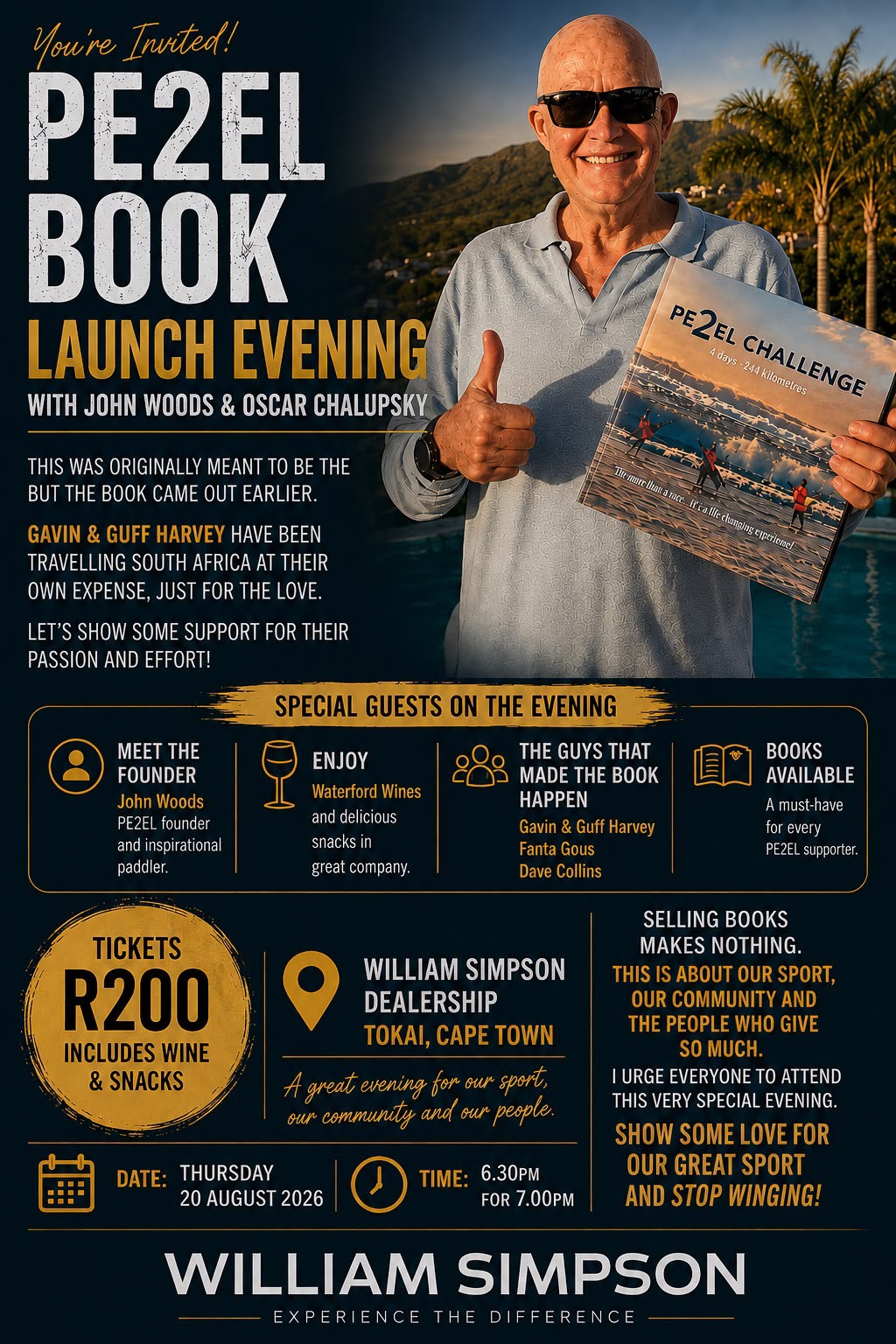 PE2EL Challenge book launch evening poster, Cape Town, 20 August 2026