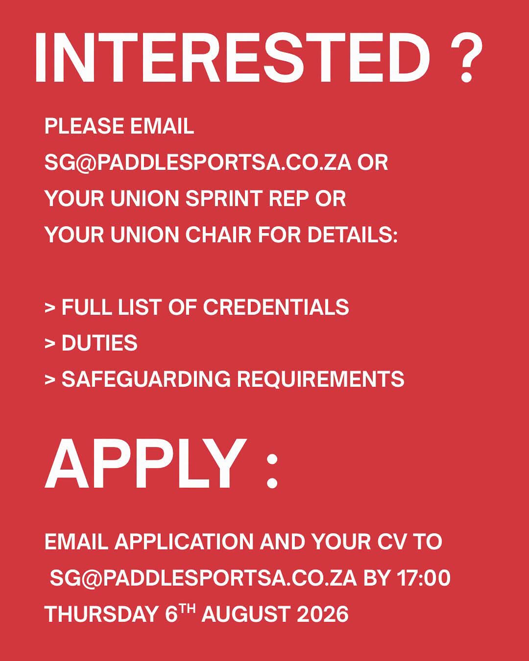 PaddleSport South Africa team manager application details, Algeria African Sprint Championships