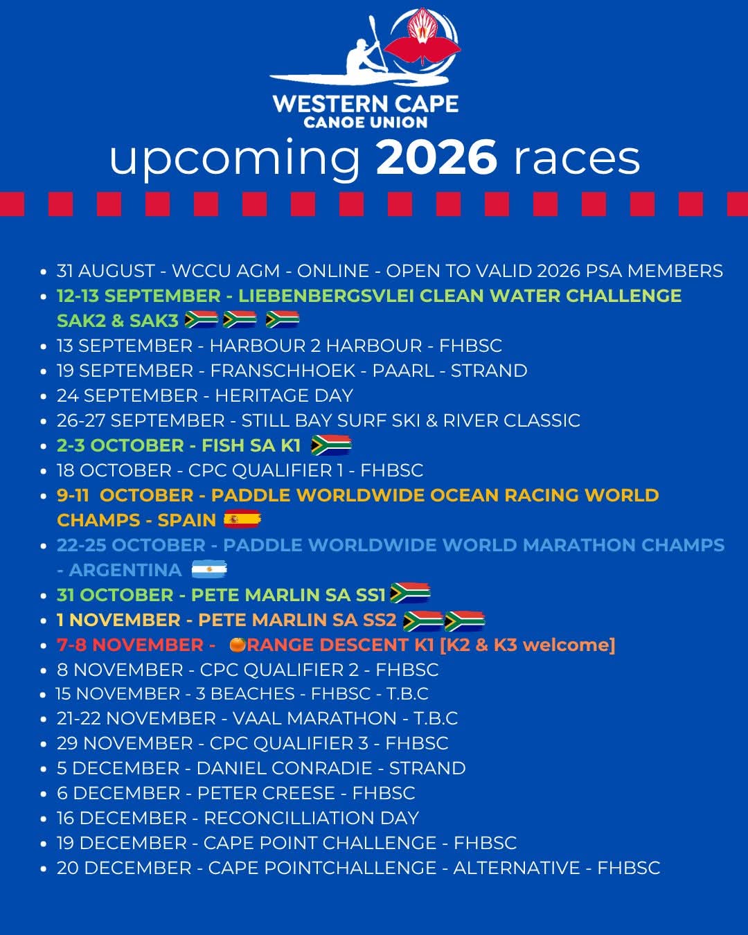 Western Cape Canoe Union upcoming 2026 races list