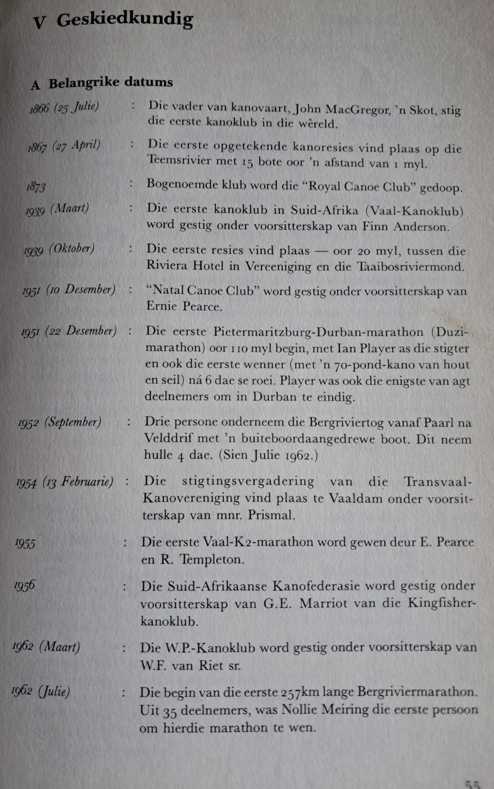 Canoeing history page: important dates from 1885 to 1962