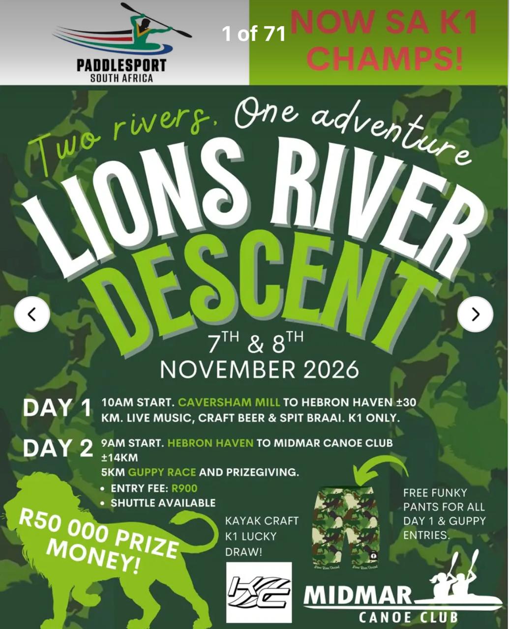 Lions River Descent poster, 7 and 8 November 2026, now SA K1 Champs