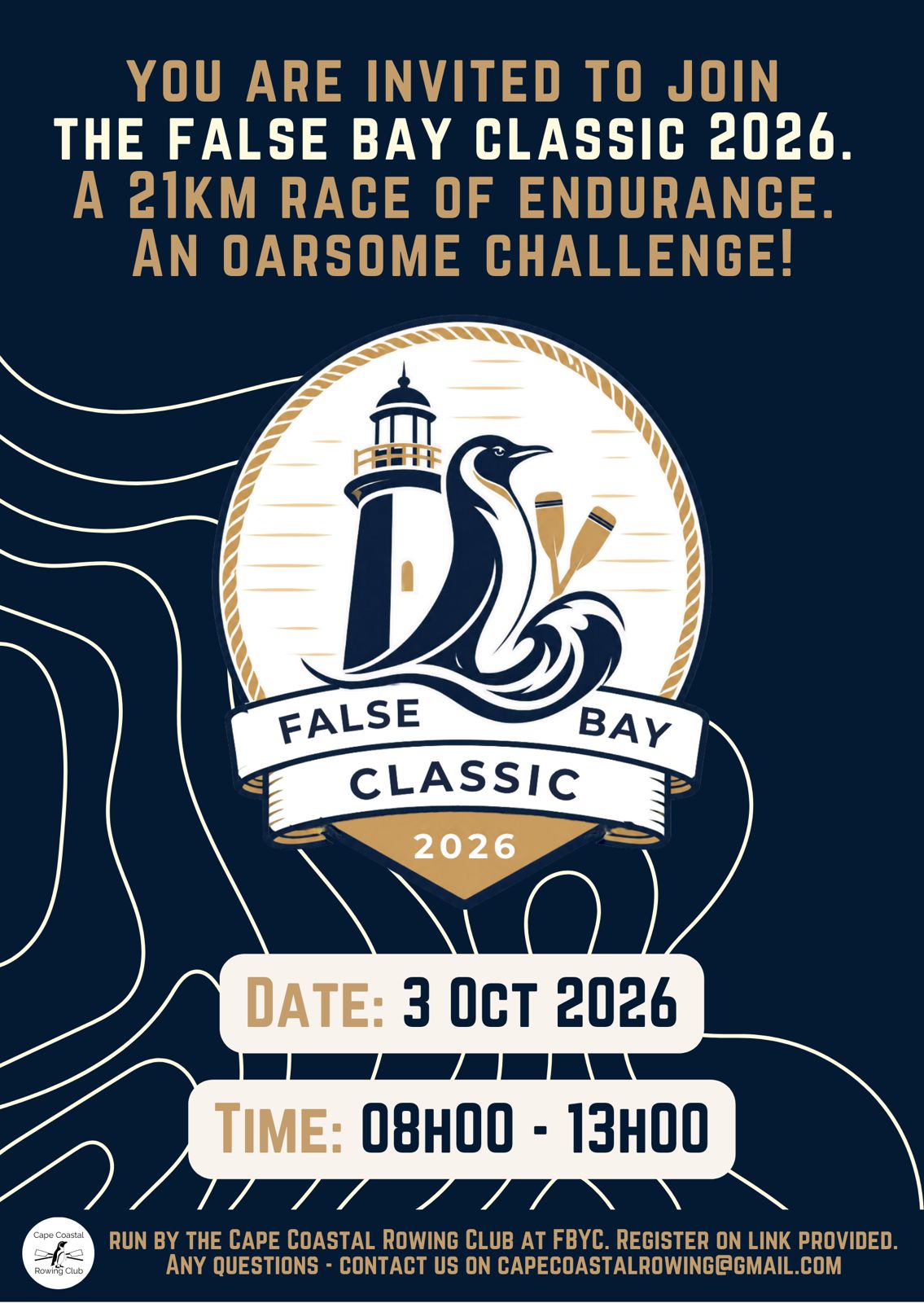 False Bay Classic 2026 poster, 3 October, run by the Cape Coastal Rowing Club