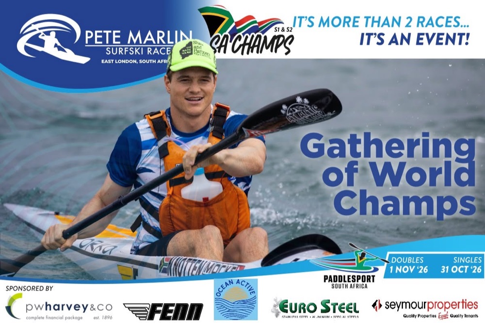 Pete Marlin Surfski Race 2026 poster: Gathering of World Champs, SA S1 and S2 Champs, 31 October and 1 November