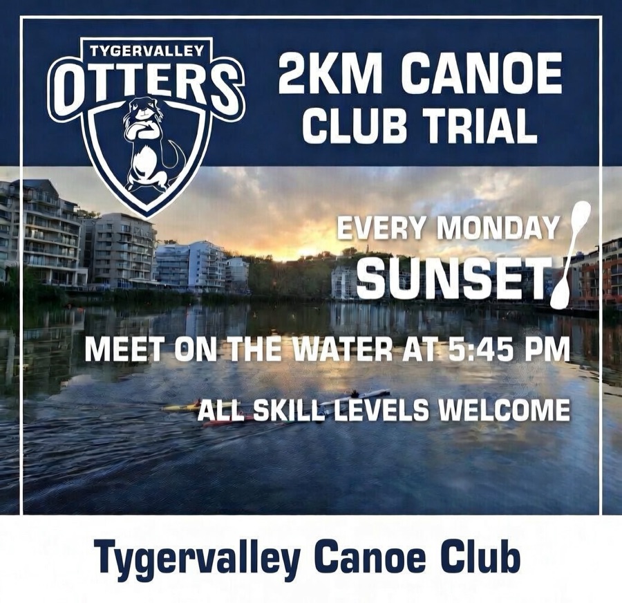 Tygervalley Otters 2km canoe club trial poster, every Monday at sunset