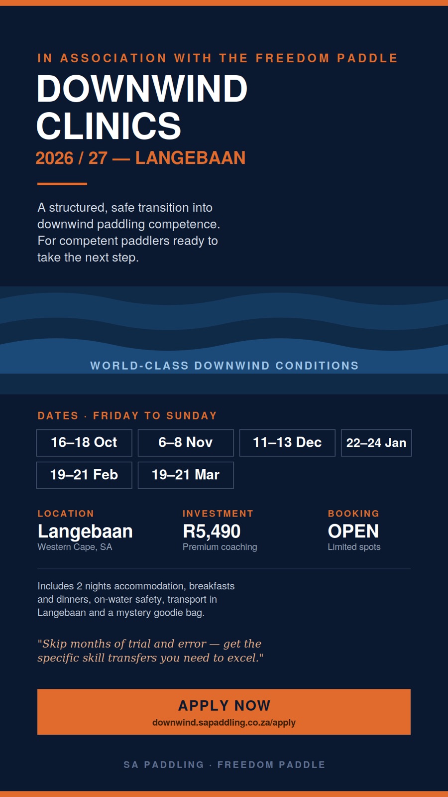 Downwind Clinics 2026/27 Langebaan poster listing six weekend dates