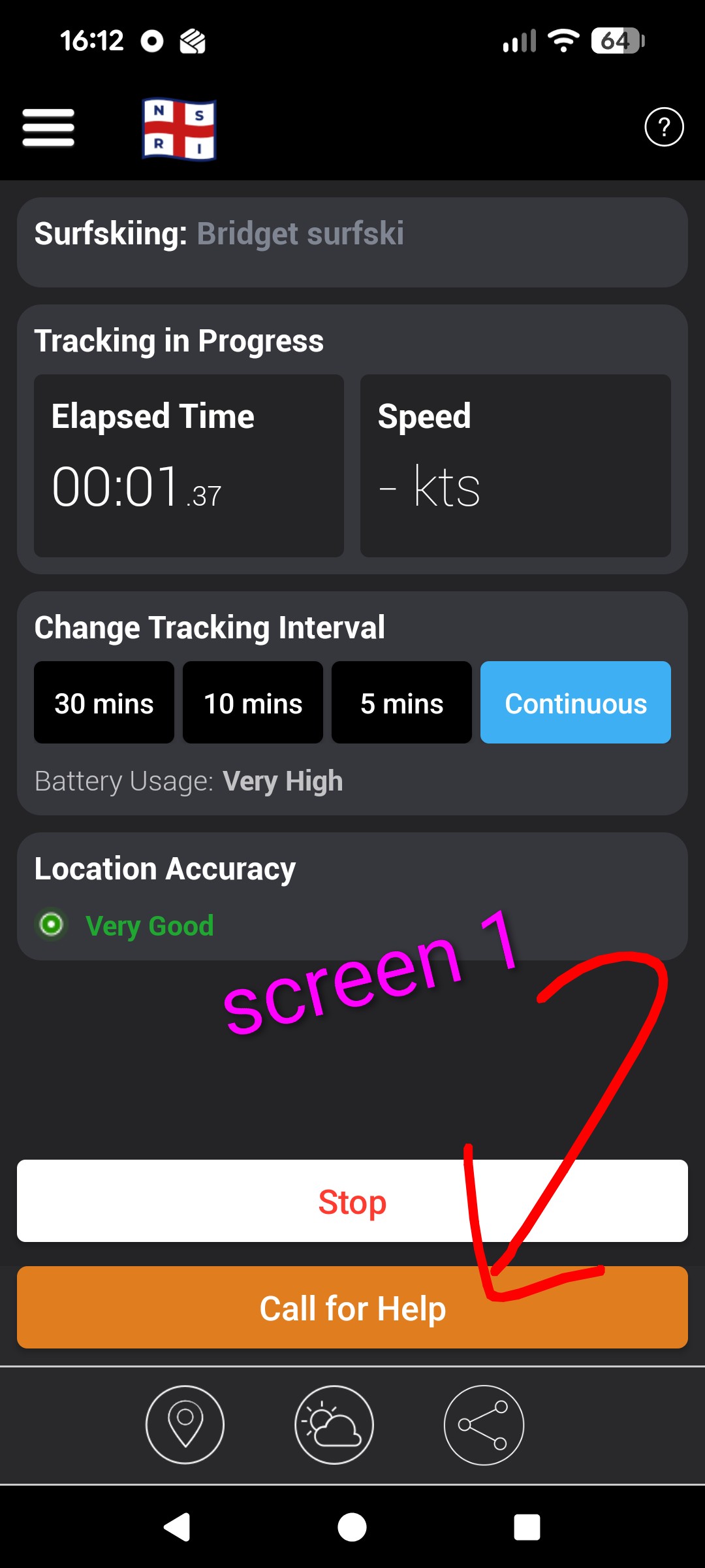 SafeTrx app screen 1: tracking in progress with the Call for Help button