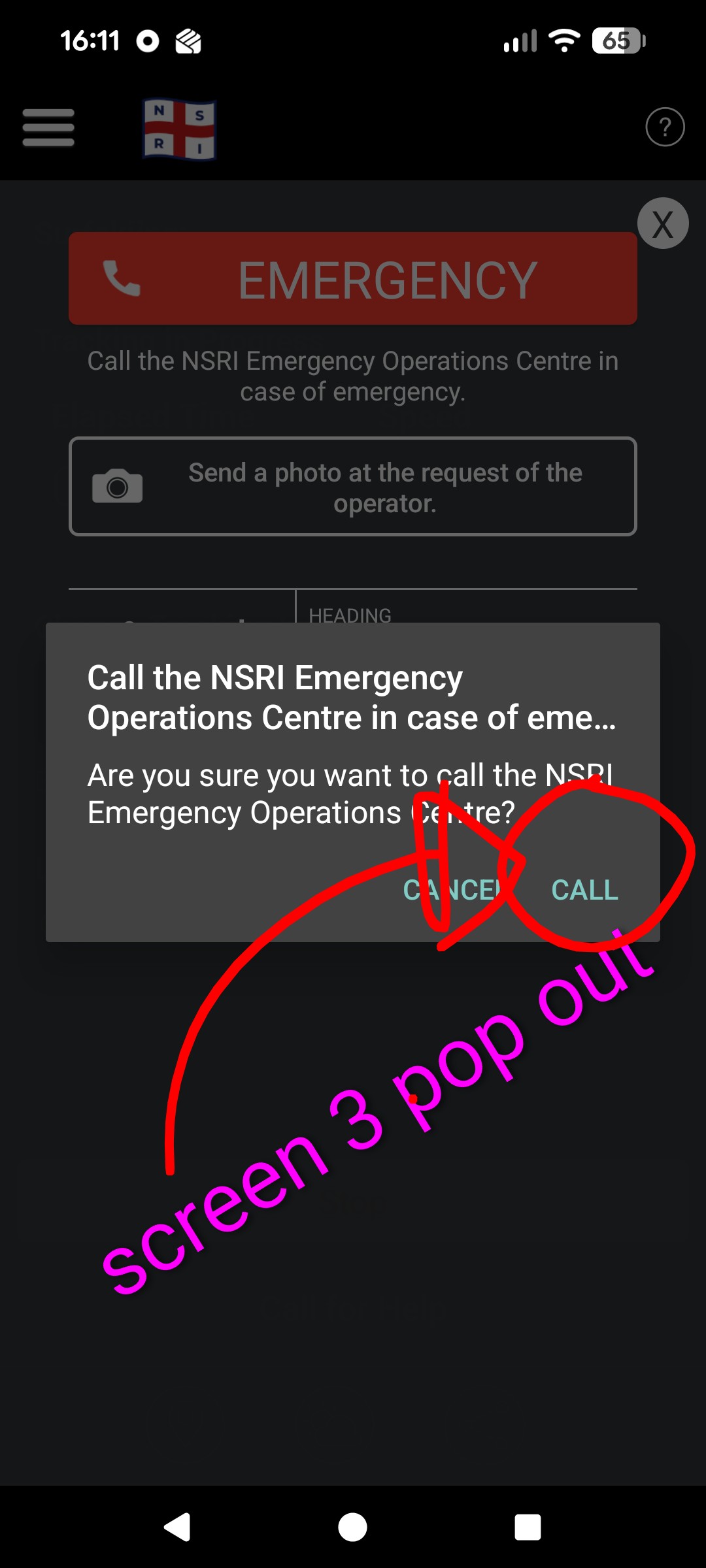SafeTrx app screen 3: the confirmation pop-up with CANCEL and CALL